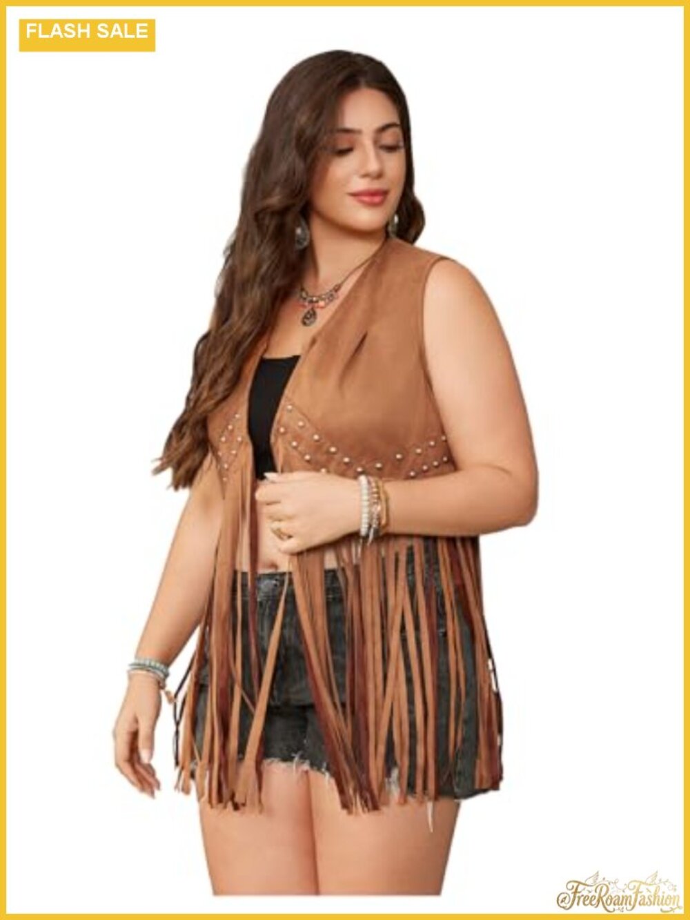 Plus Size Suede Fringe Vest Sleeveless Boho Hippie Jacket